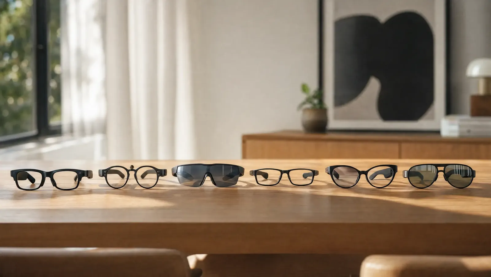 Verschiedene Smartbrillen unterschiedlicher Formen nebeneinander auf einem Holztisch
