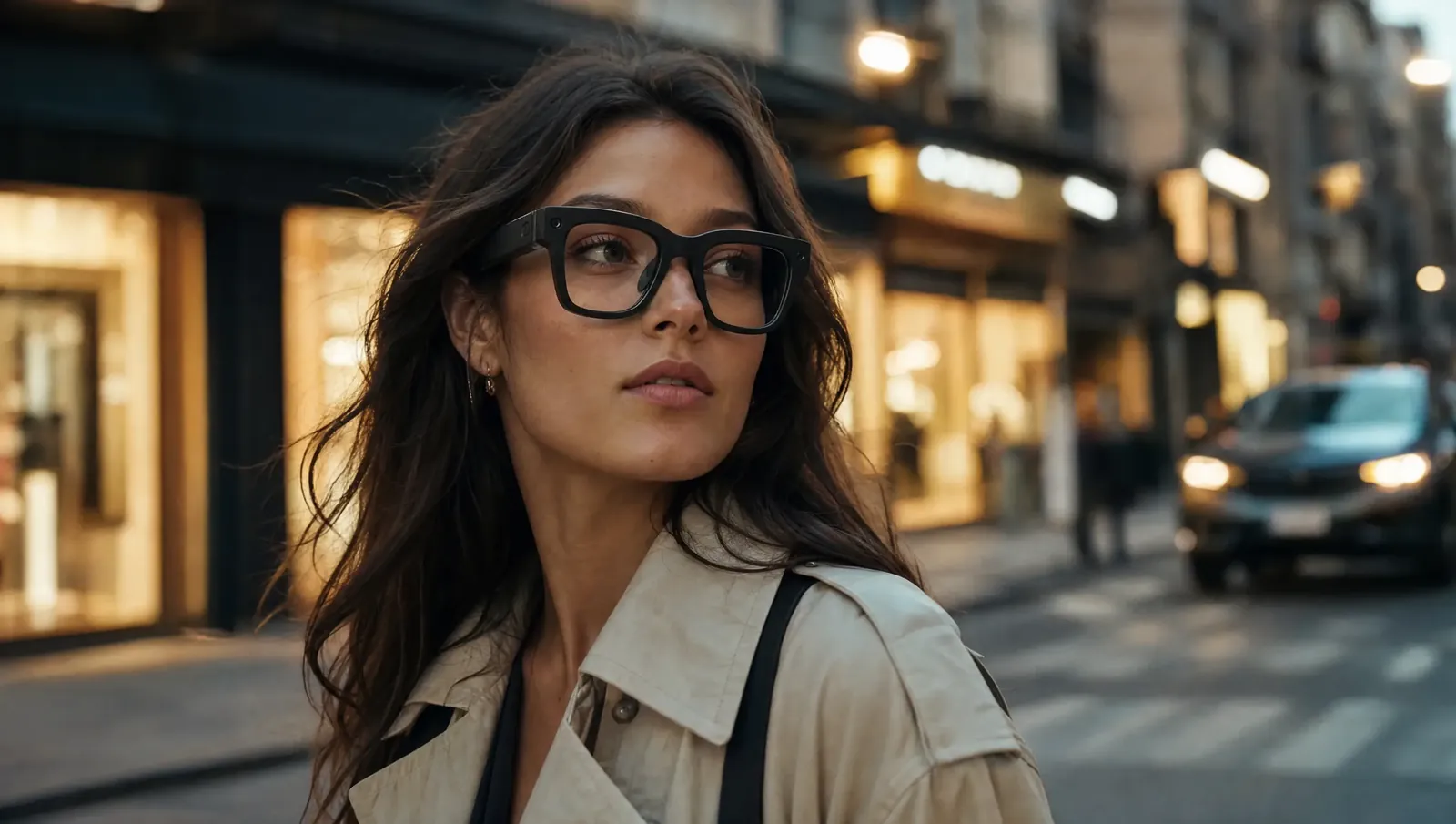 Frau mit Designer-Smartbrille in einer modernen Großstadt