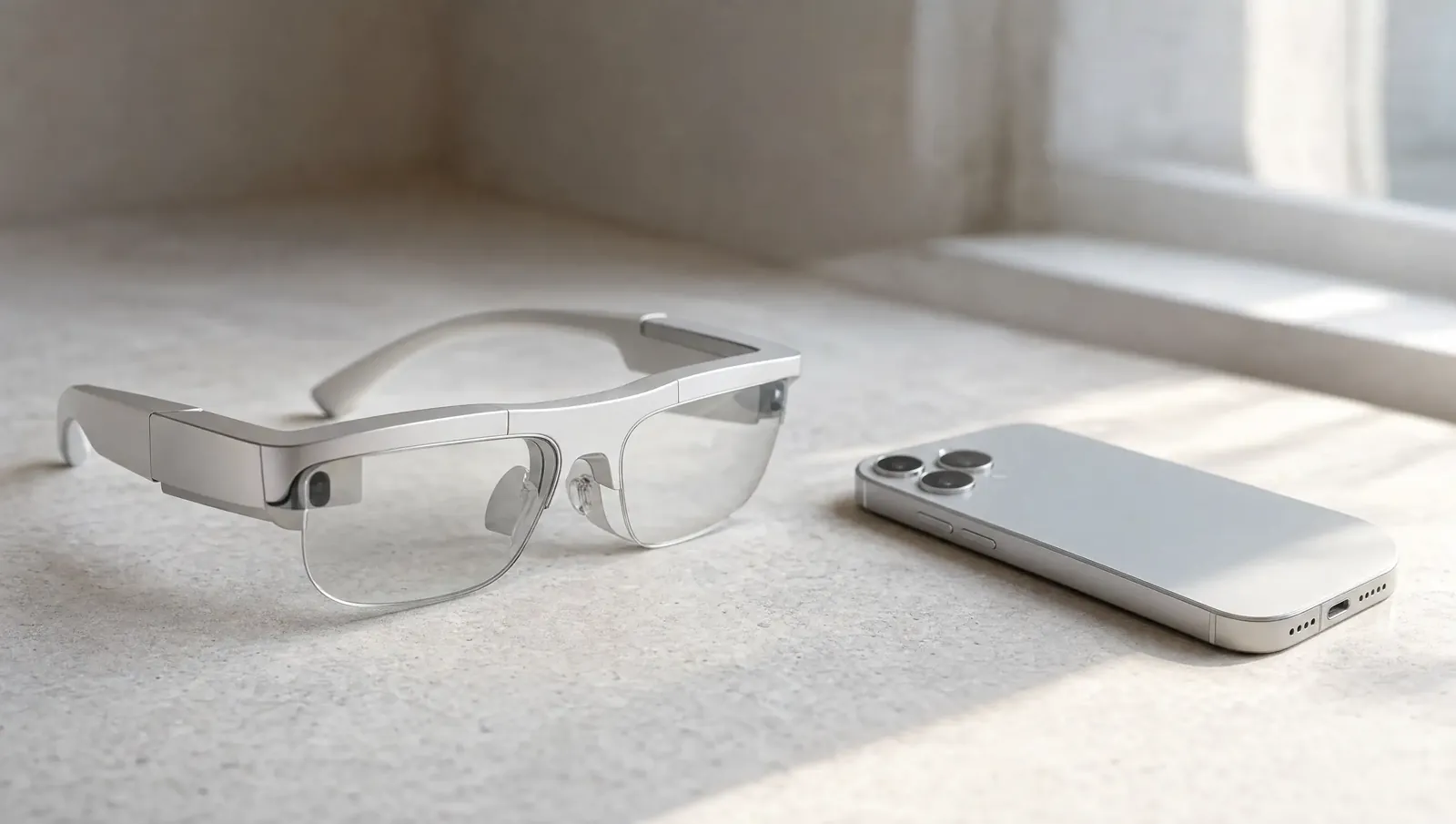 Schlichte Smartbrille neben einem Smartphone auf einem hellen Tisch