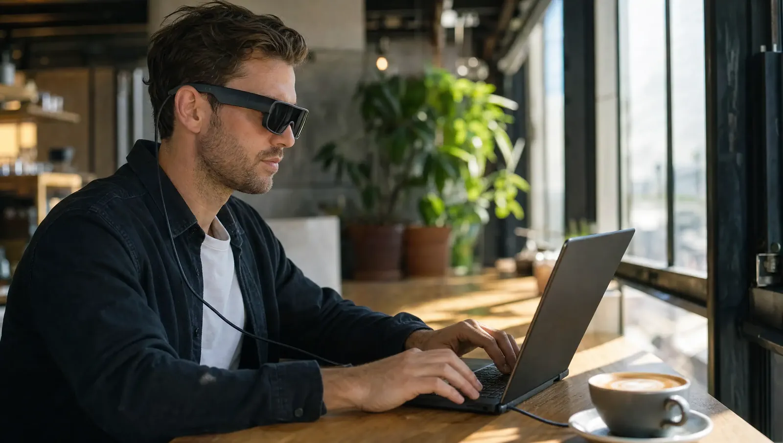 Mann arbeitet im Café mit Laptop und einer AR-Brille als Monitor