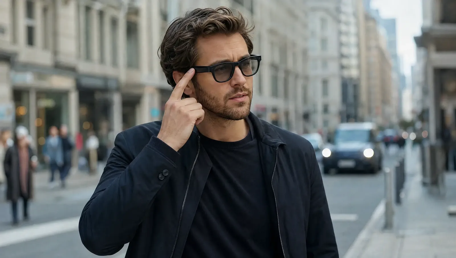 Person tippt beim Gehen auf den Bügel ihrer Smartbrille