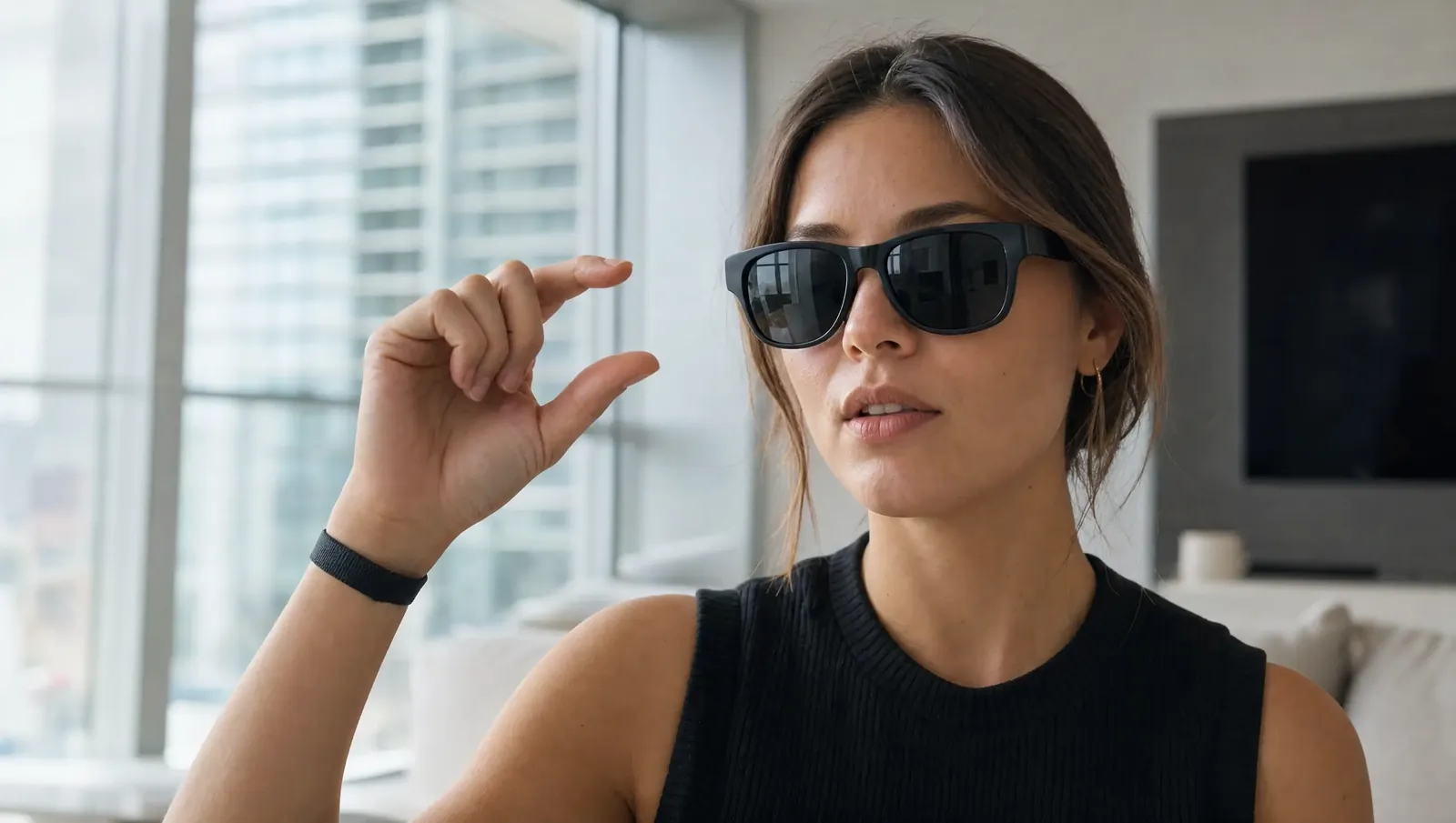 Frau steuert ihre Display-Brille mit einer Fingergeste und einem Armband