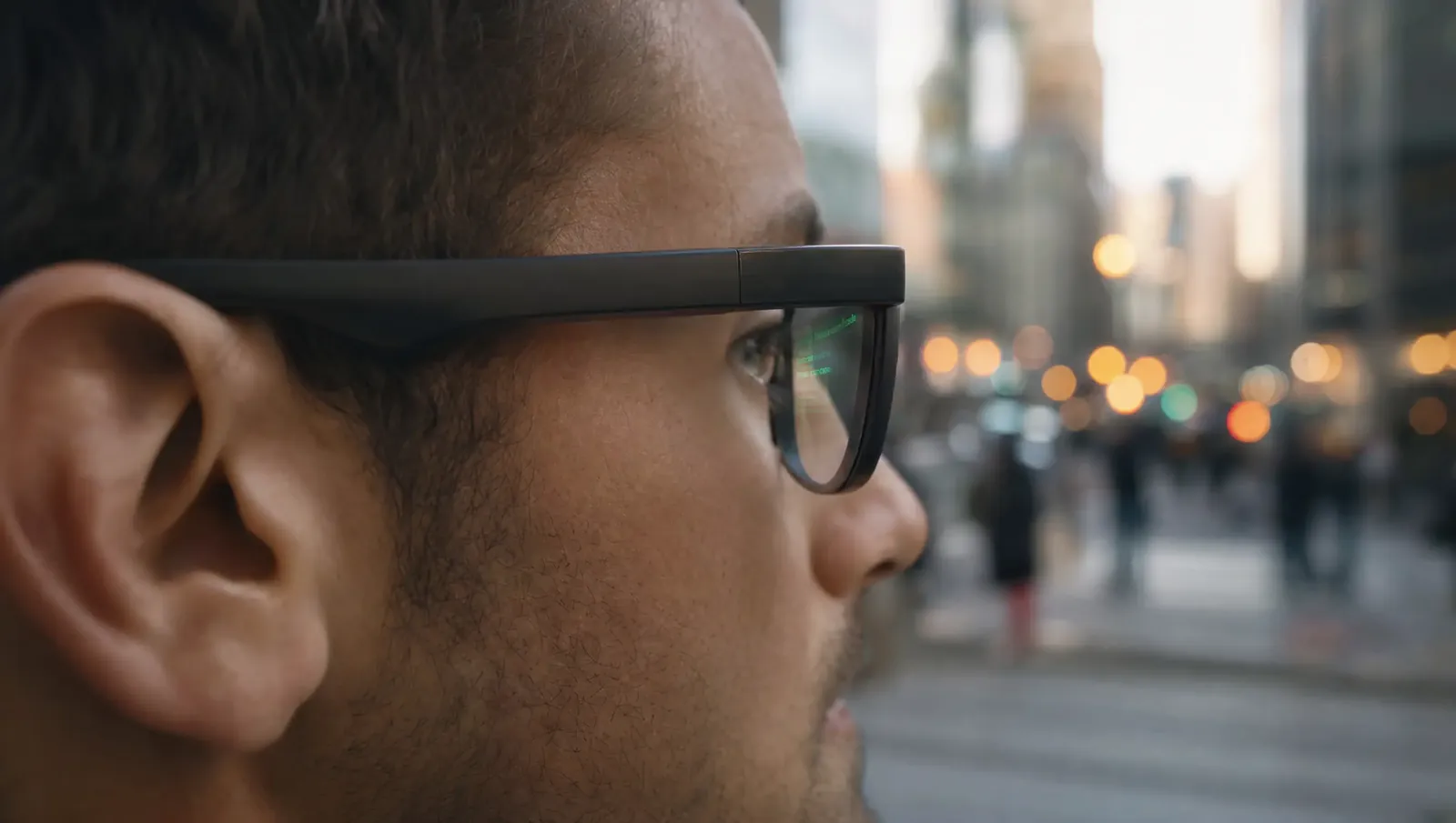Nahaufnahme einer Smartbrille mit dezent leuchtender Anzeige im Brillenglas
