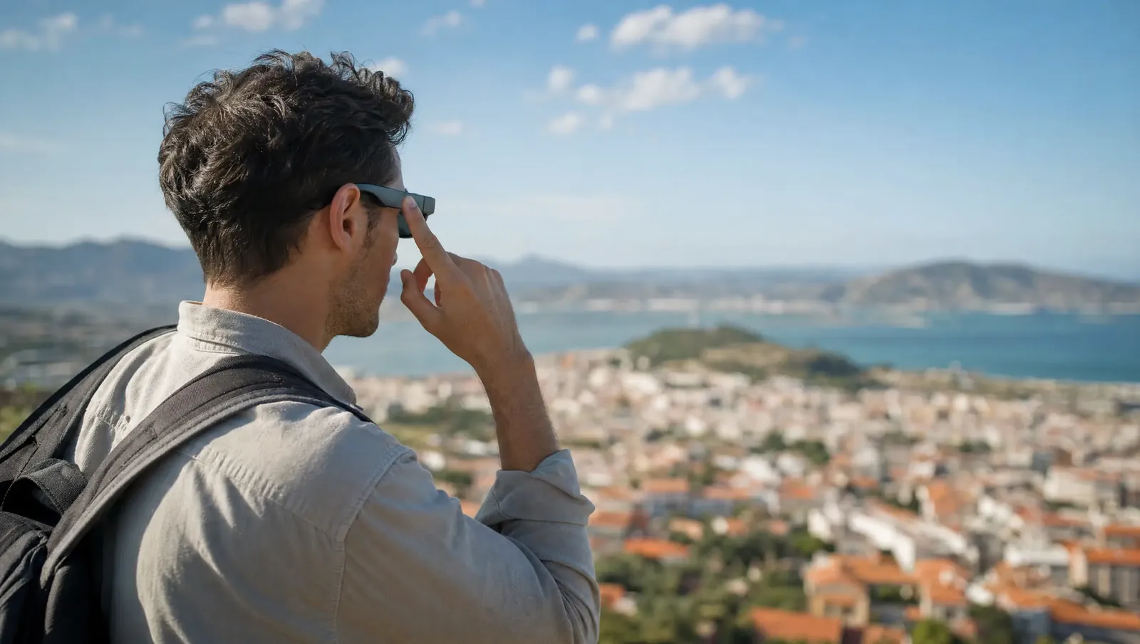 Reisender fotografiert mit seiner Smartbrille über einer Küstenstadt
