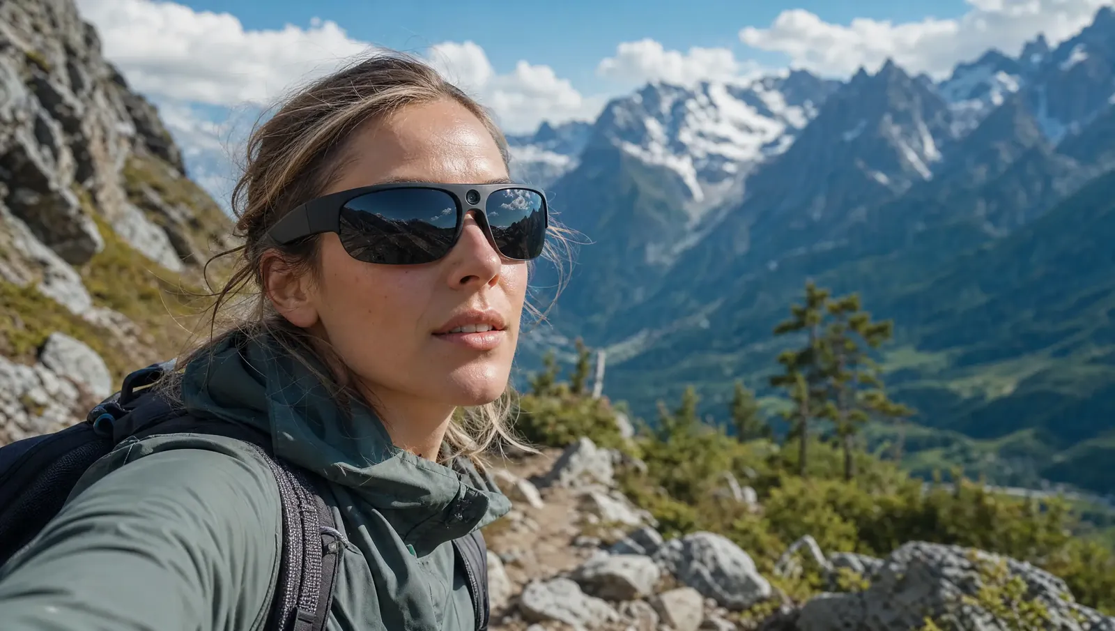 Wanderin filmt mit einer Kamerabrille in den Bergen
