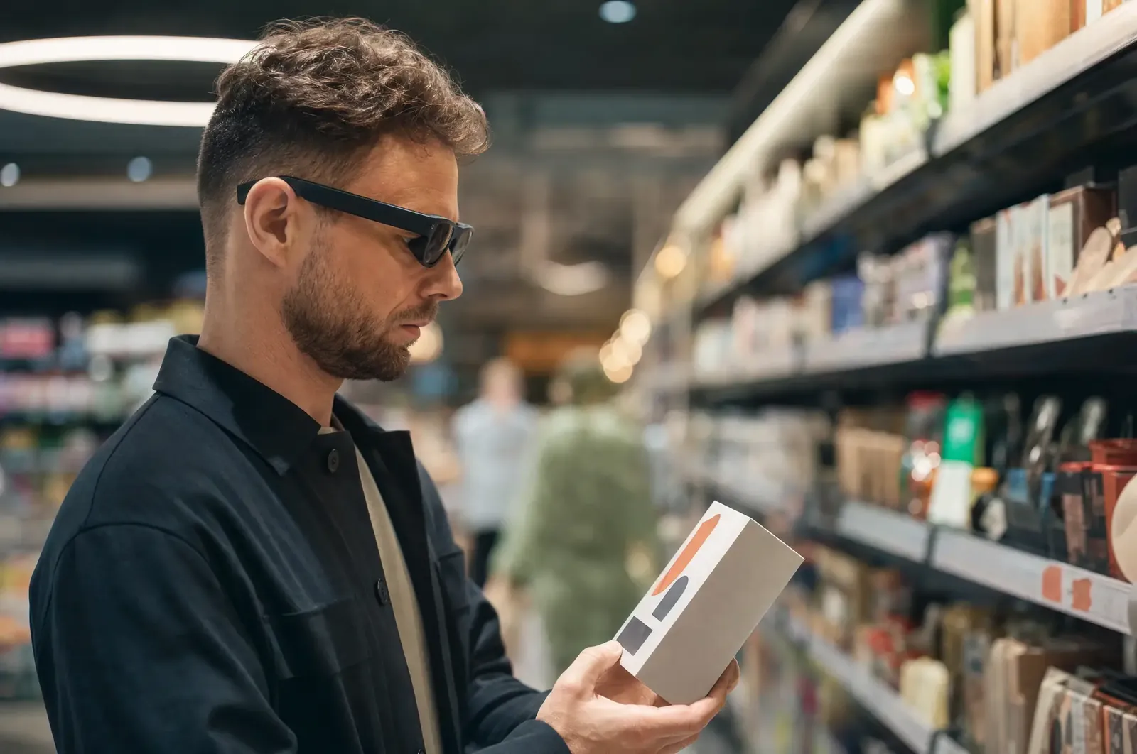 Mann fragt im Supermarkt seine KI-Brille zu einem Produkt