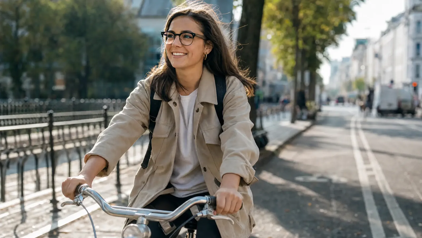 Radfahrerin hört mit einer Audio-Brille Musik in der Stadt