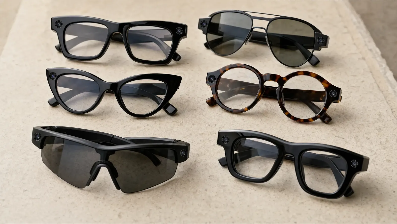 Verschiedene Formen von KI-Brillen: eckig, Aviator, Cat-Eye, rund und Sportbrille