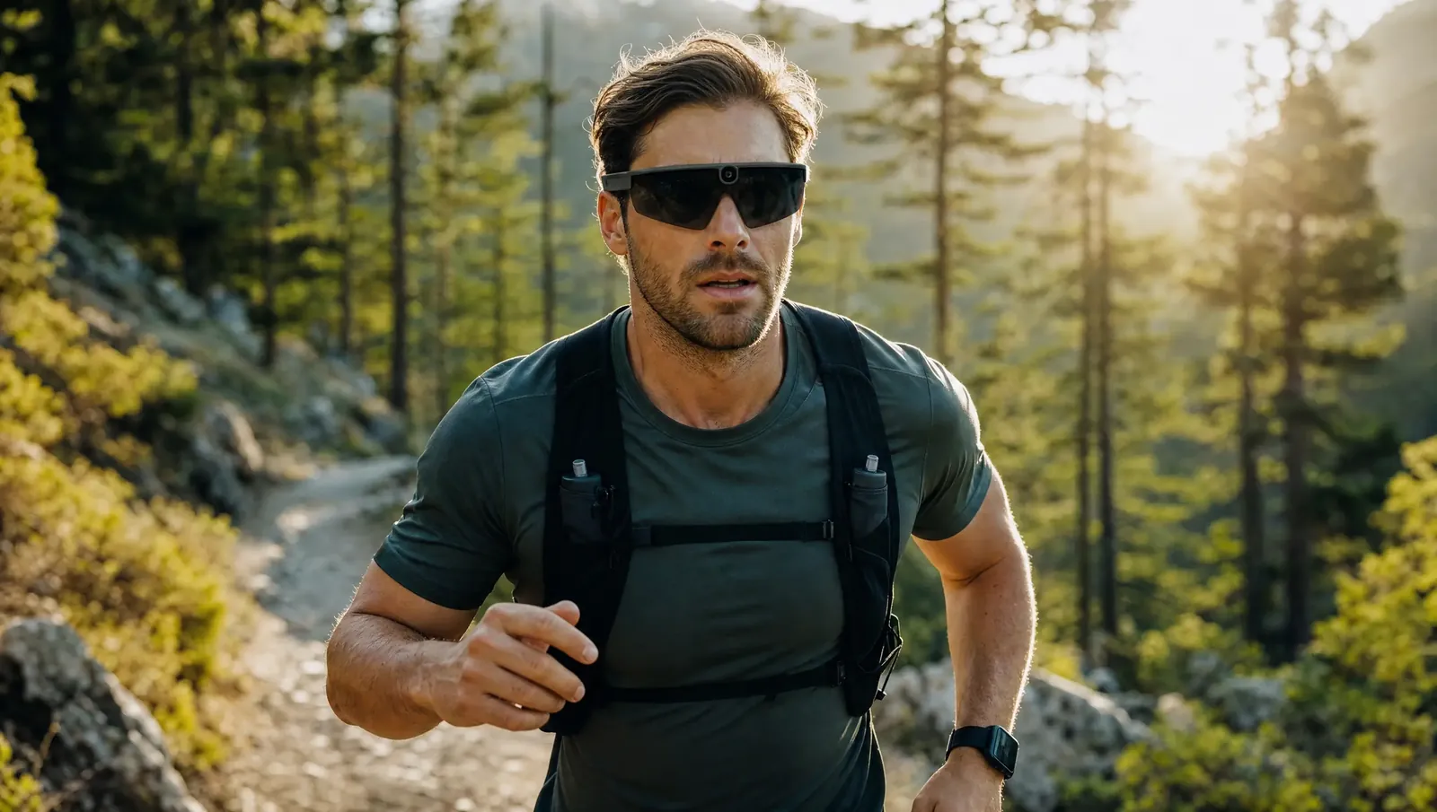 Trailrunner mit smarter Sport-Sonnenbrille im Wald