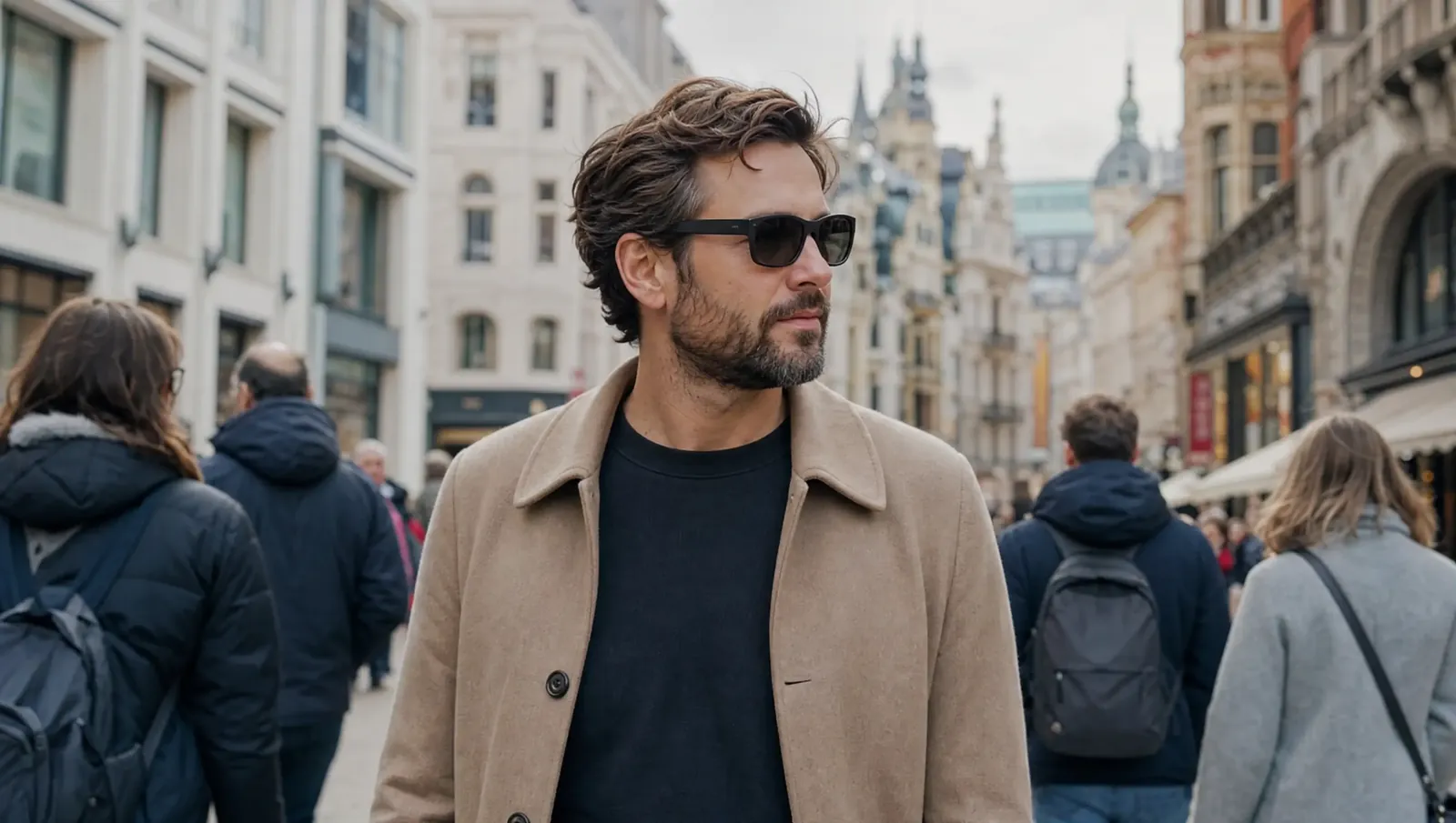 Mann mit Smartbrille in einer belebten Fußgängerzone