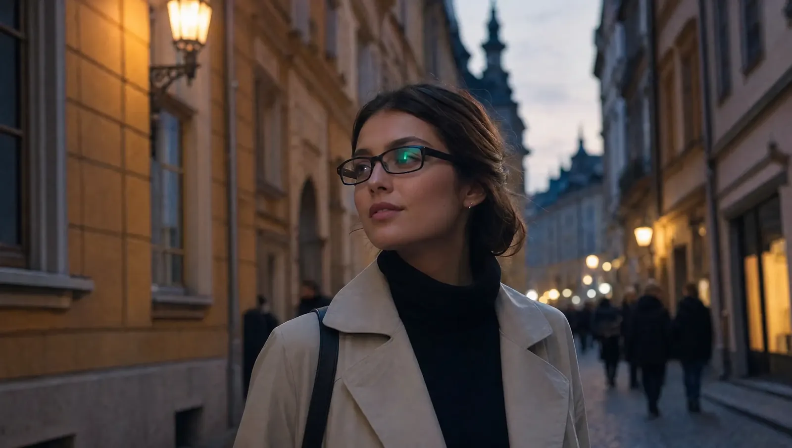 Frau mit Display-Smartbrille in einer Altstadt am Abend