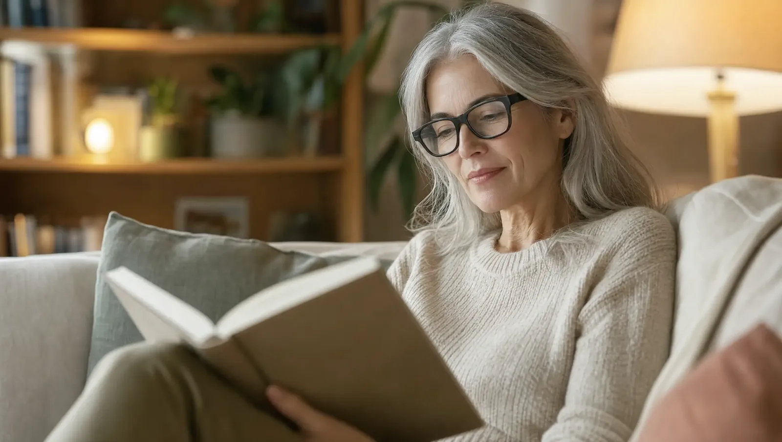 Frau liest mit einer Smartbrille mit Sehstärke ein Buch