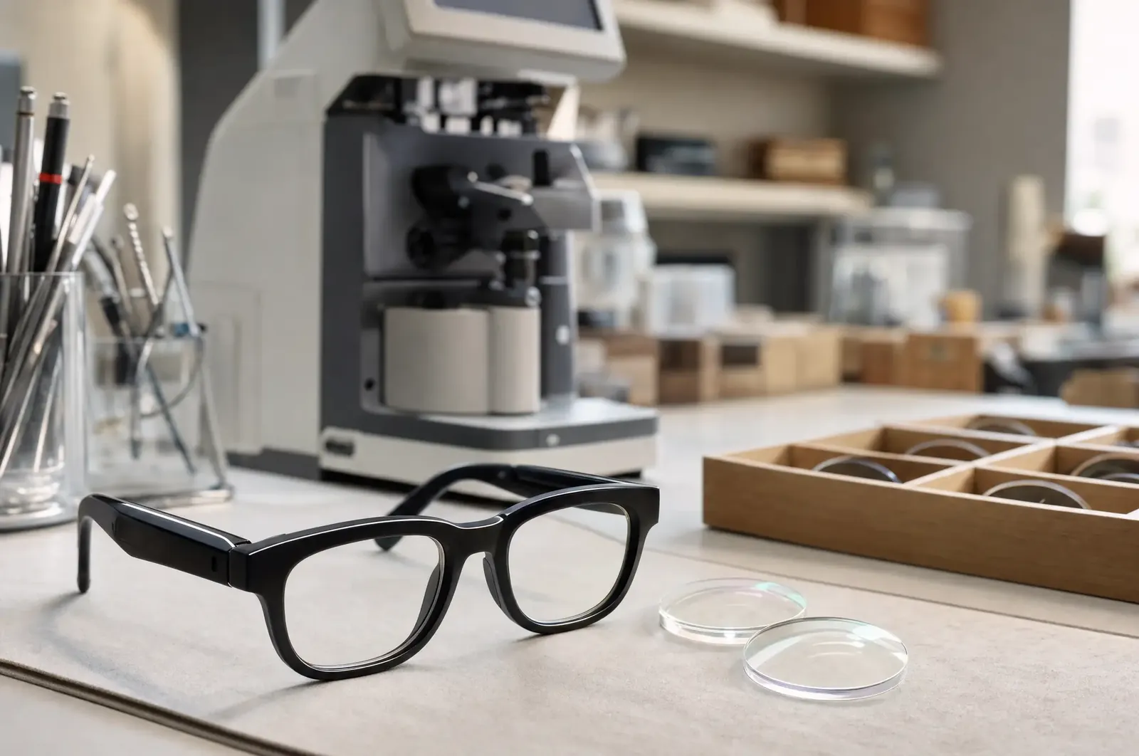 Smartbrillen-Fassung und Korrekturgläser auf der Werkbank eines Optikers