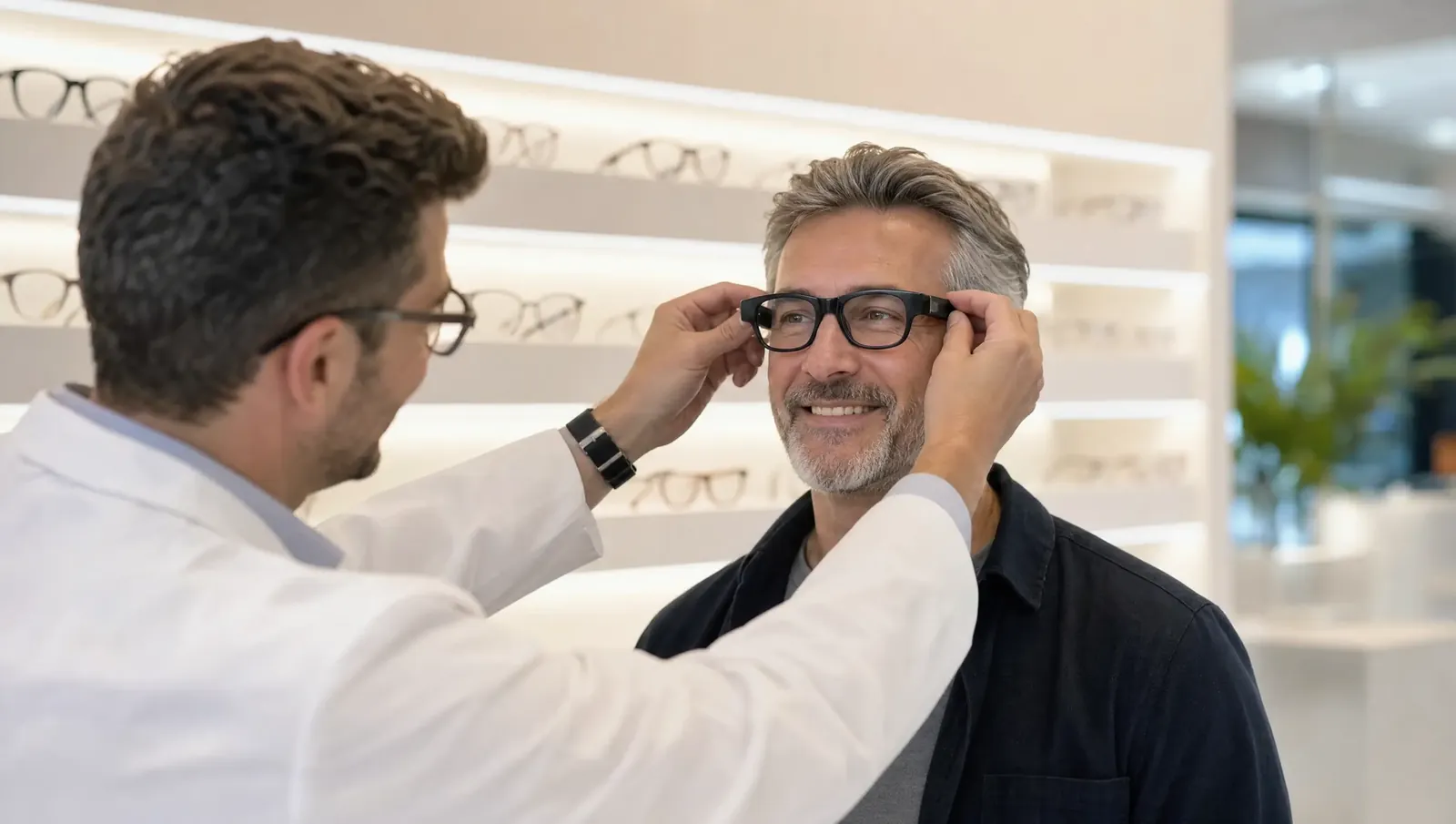 Optiker passt einem Kunden eine Smartbrille an
