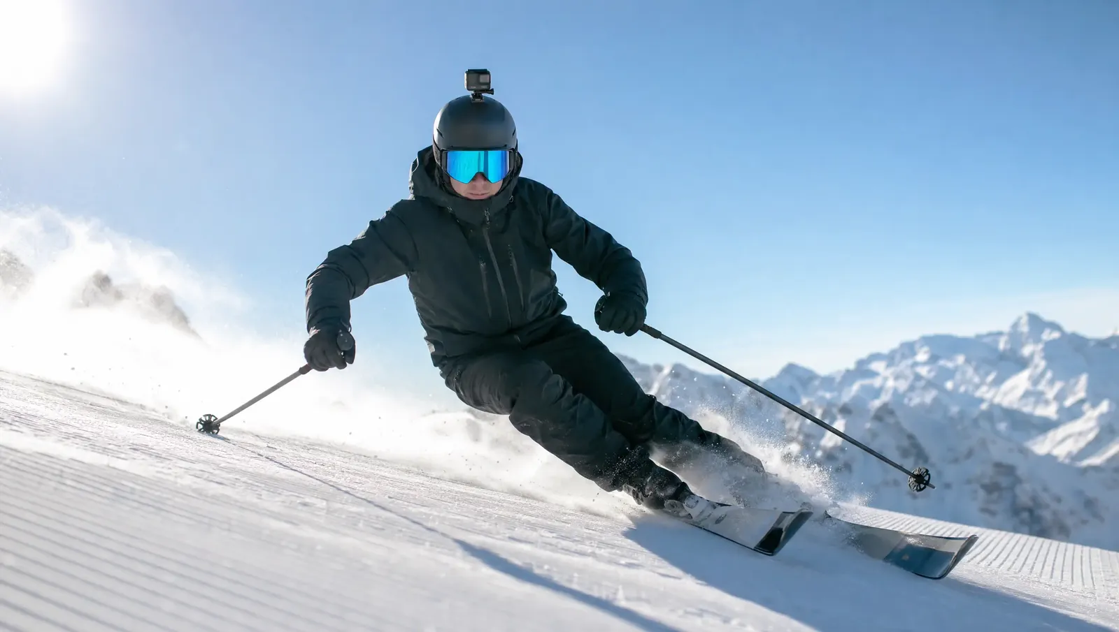 Skifahrer mit Actioncam am Helm auf einer sonnigen Piste