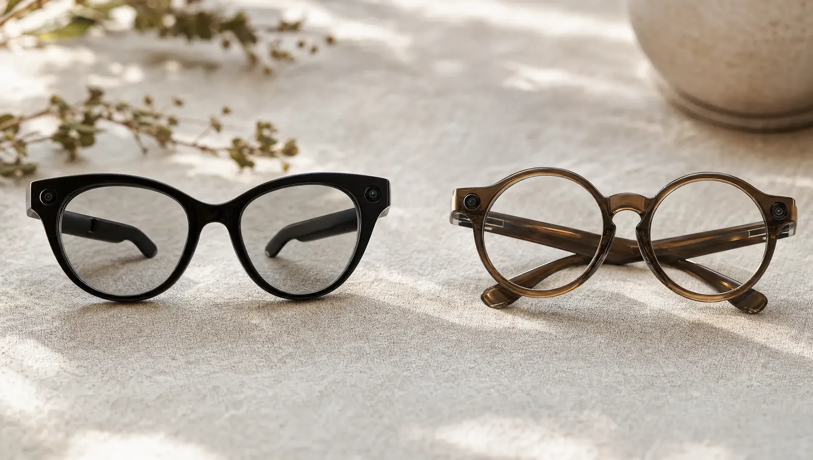 Zwei Smartbrillen in Cat-Eye- und runder Pantoform auf einem hellen Tisch