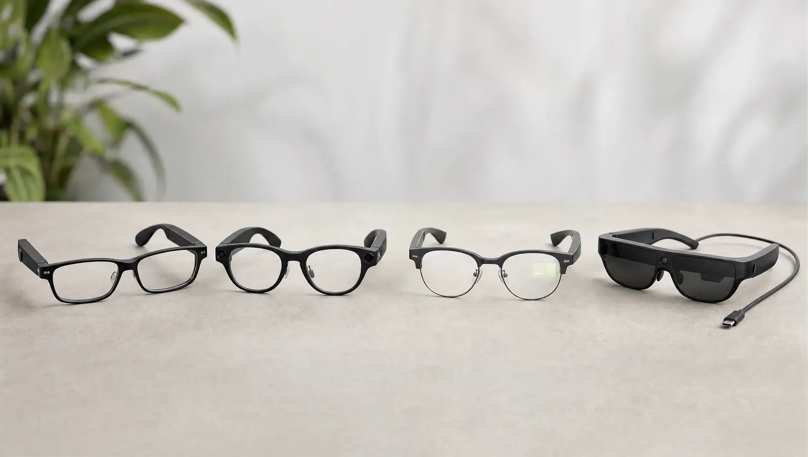 Vier verschiedene Arten von Smart Glasses nebeneinander auf einem Tisch