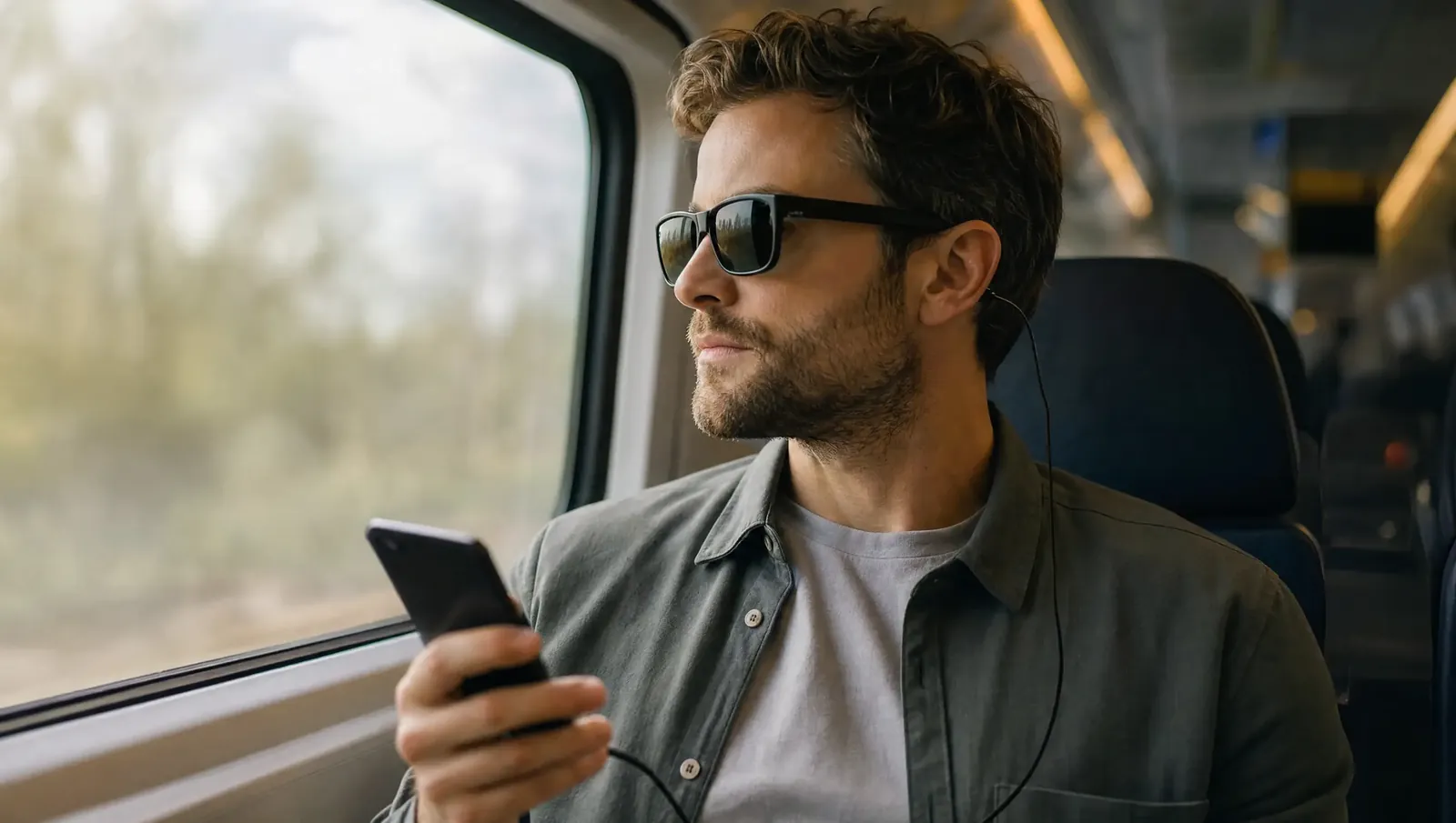 Mann im Zug mit einer Displaybrille, die per Kabel am Smartphone hängt