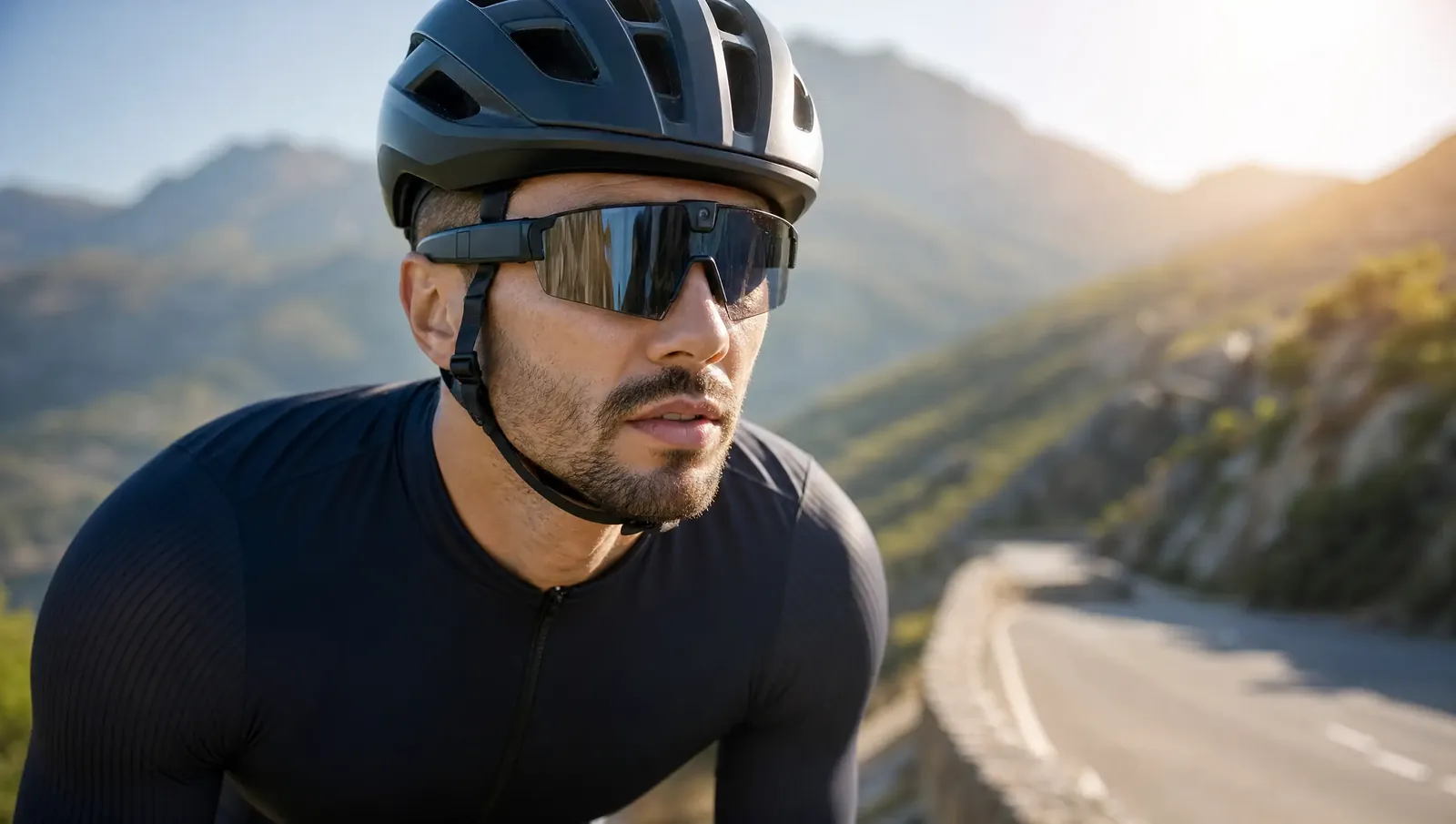 Rennradfahrer mit smarter Sport-Sonnenbrille in den Bergen