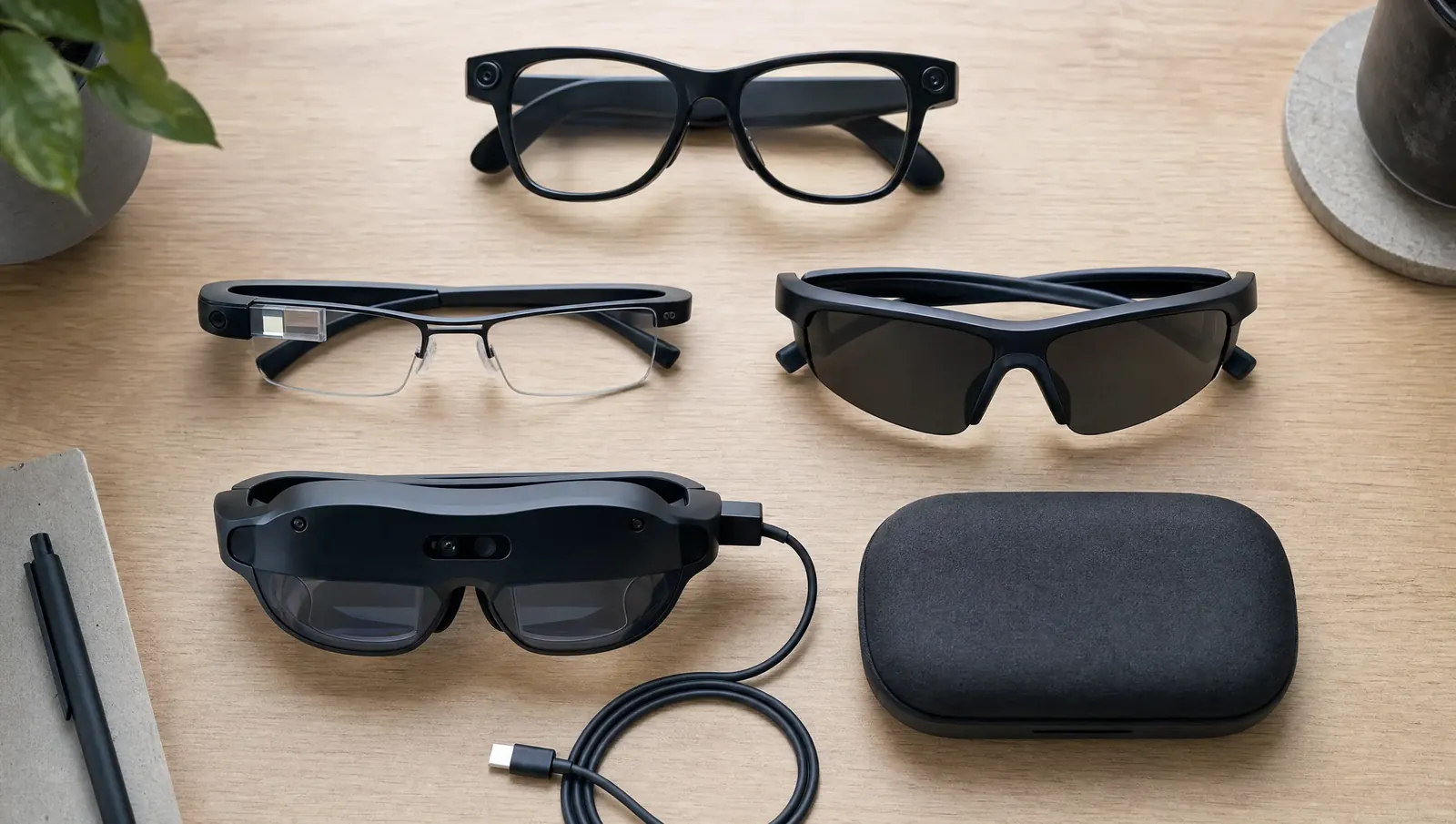 Verschiedene Smart Glasses auf einem Schreibtisch: Kamerabrille, Displaybrille, Sportbrille und AR-Videobrille