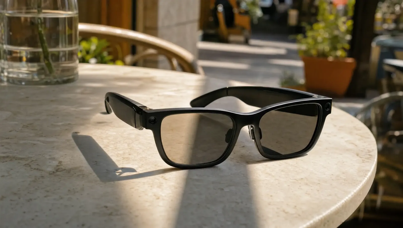Smartbrille mit selbsttönenden Gläsern, halb im Schatten, halb in der Sonne
