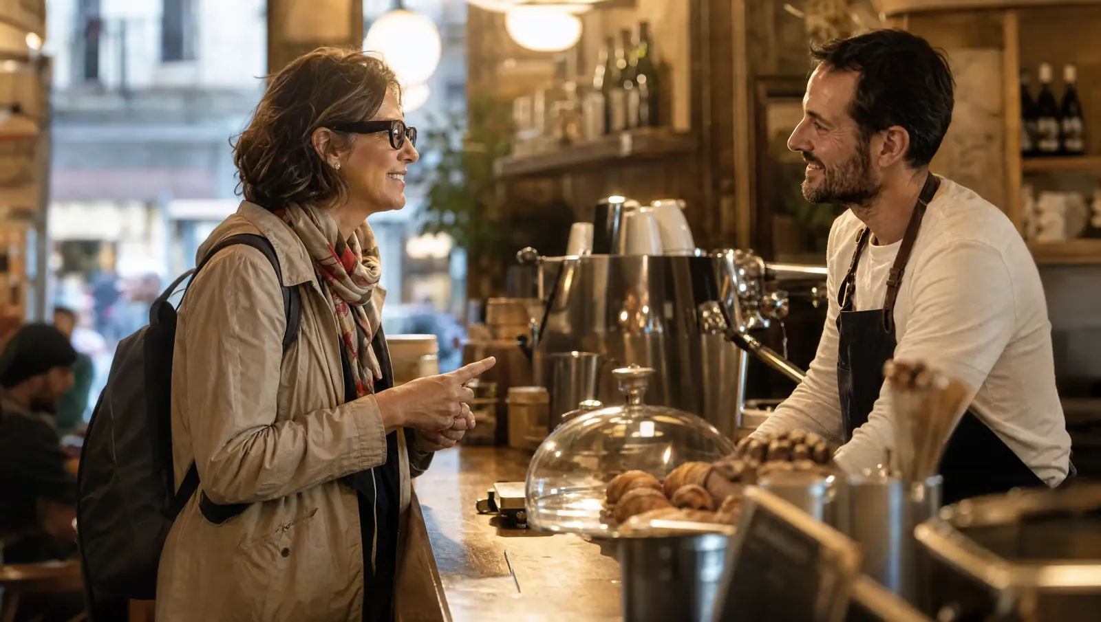 Touristin unterhält sich mit Übersetzungsbrille mit einem Barista
