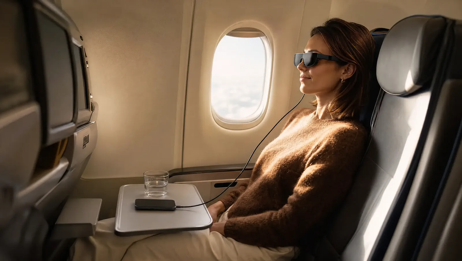 Frau schaut im Flugzeug einen Film mit einer Videobrille