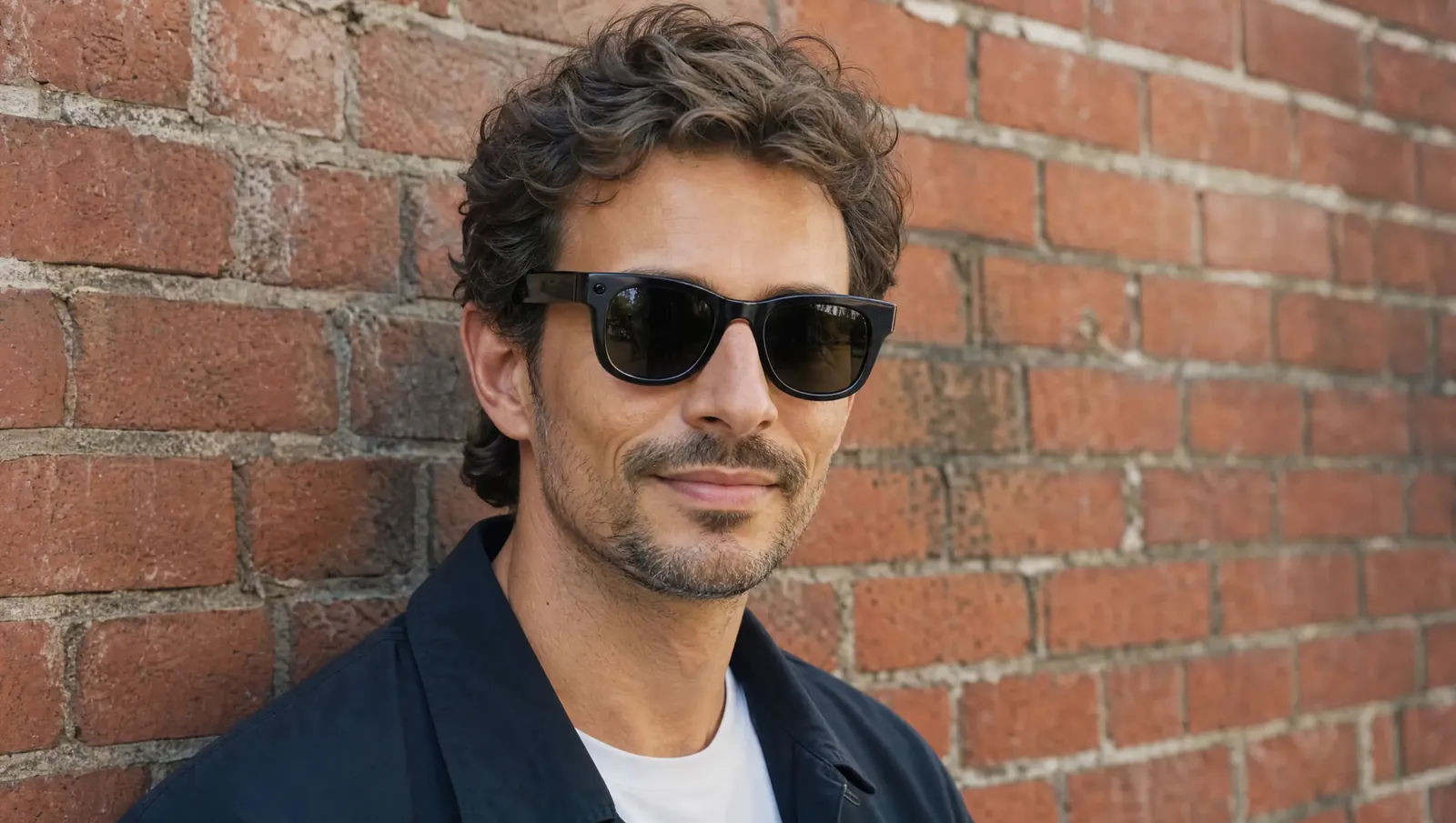 Mann mit klassischer schwarzer Smartbrille im Wayfarer-Stil vor einer Backsteinwand