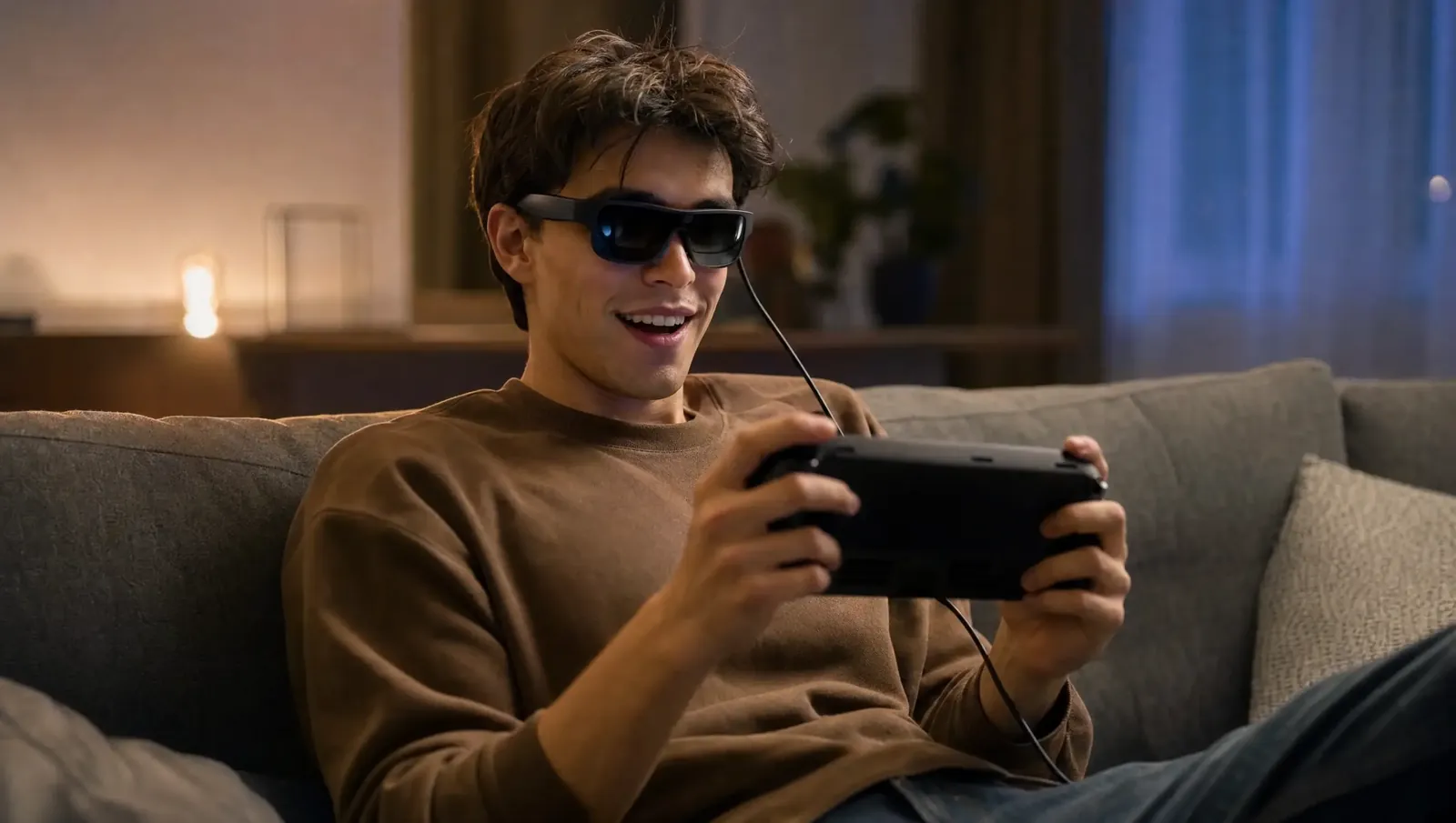 Gamer spielt auf dem Sofa mit Handheld-Konsole und AR-Brille